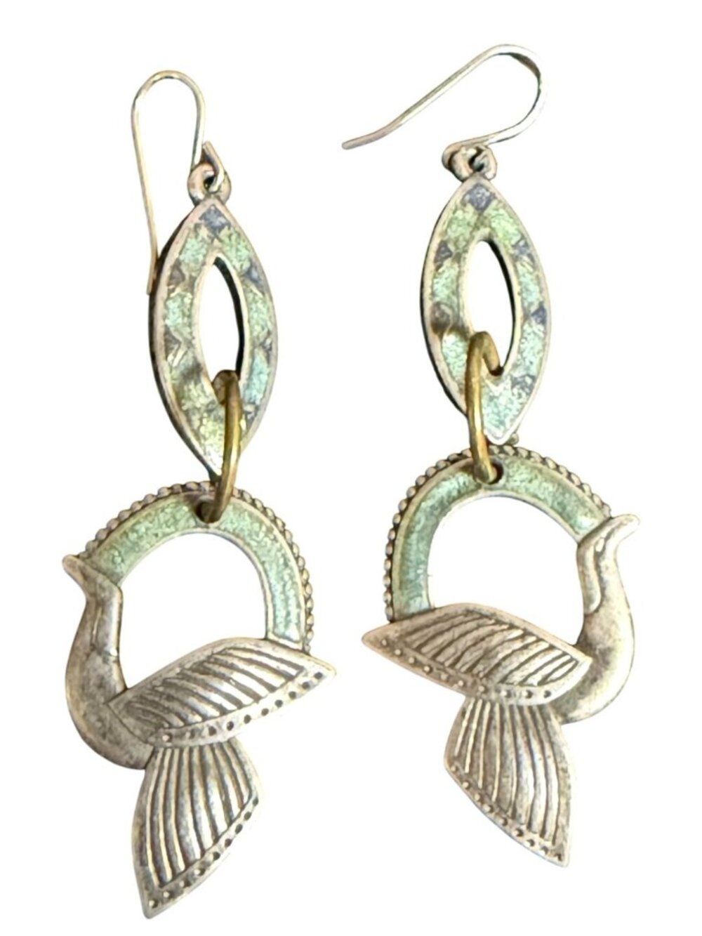 Vintage Berebi Brass & Enamel Bird Dangle Earrings With Fishhook Closure
